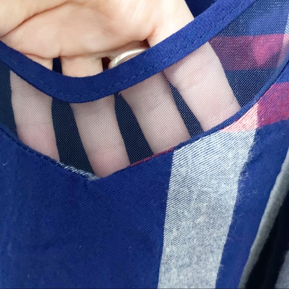 Amaryllis Plaid Cotton V-neck with Mesh Trim Sleeveless Blouse Adjustable Straps - Picture 7 of 10